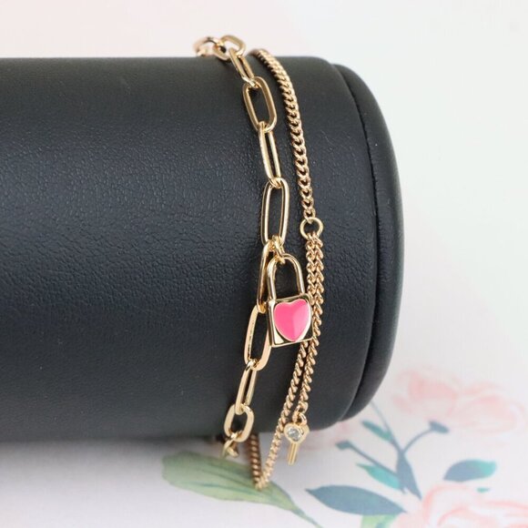"Dual Layer Rose Gold Bracelet with Heart Lock & Key Charms, XPBL1157 - Picture 2 of 12